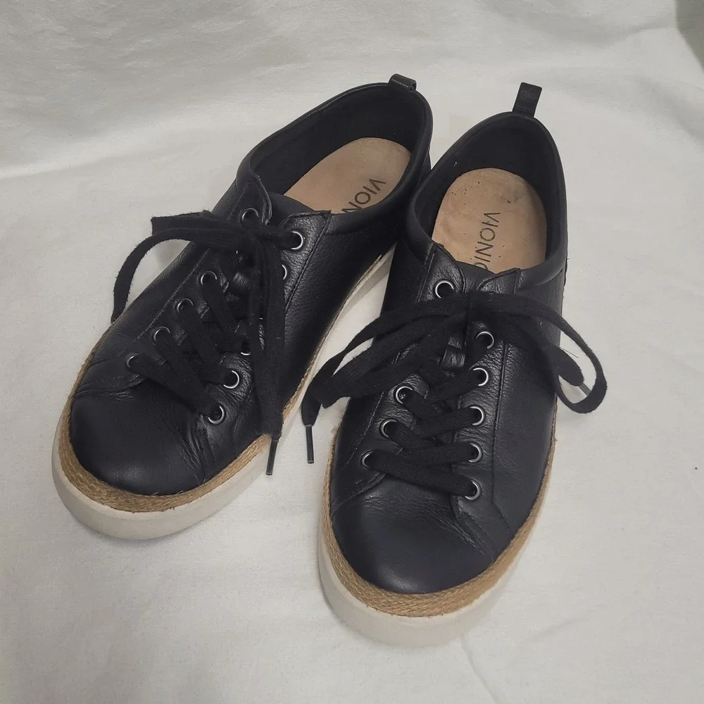 Vionic Elisia Black Leather Jute Trim Orthotic Sneakers Womens 10 Low Top Laces